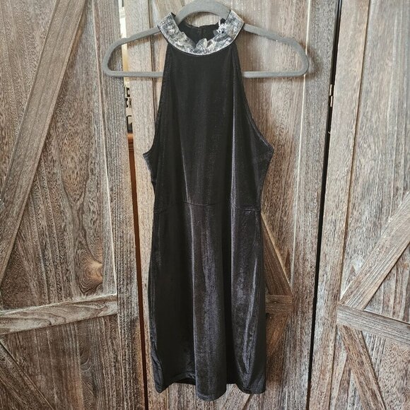 Yoins Black Sleeveless Cocktail Mini Dress‎ Size L 12 Velvet Stretch Glitter NWT - Picture 1 of 15